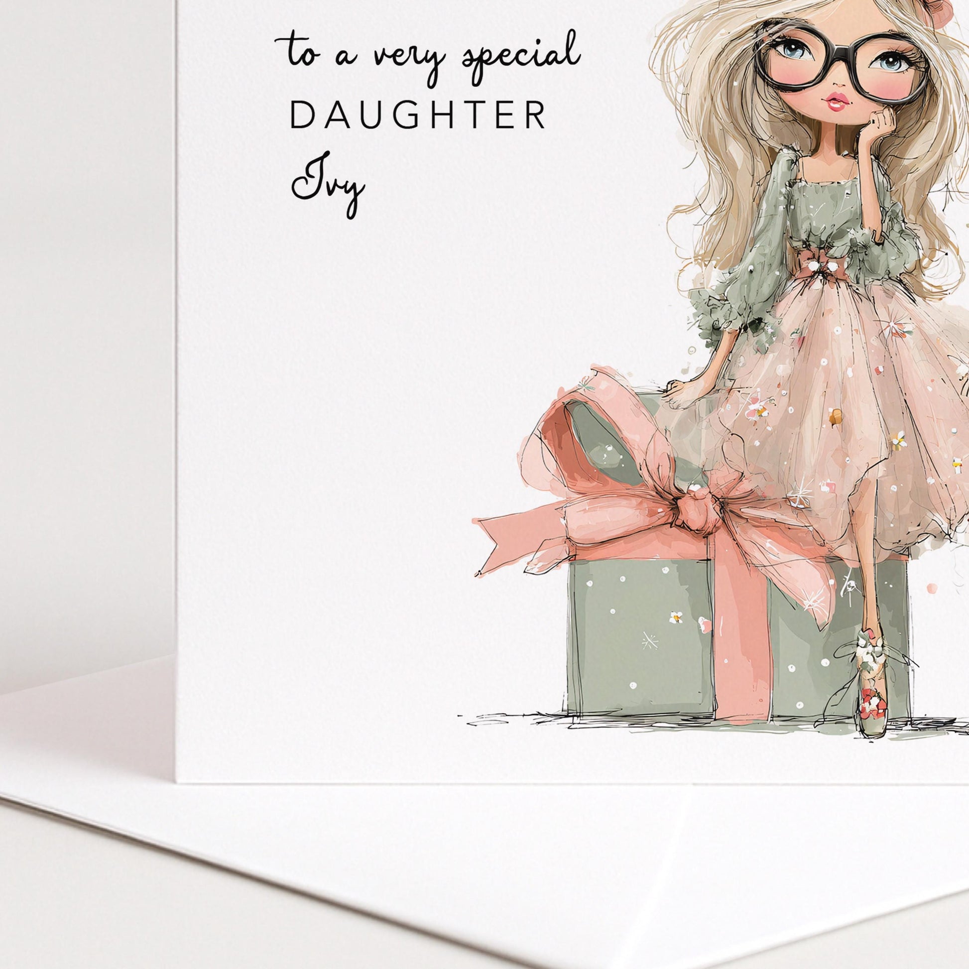Daughter Birthday Card, Personalised Birthday Card for Daughter, Cute Girl with Glasses Design, Custom Name Birthday Greeting