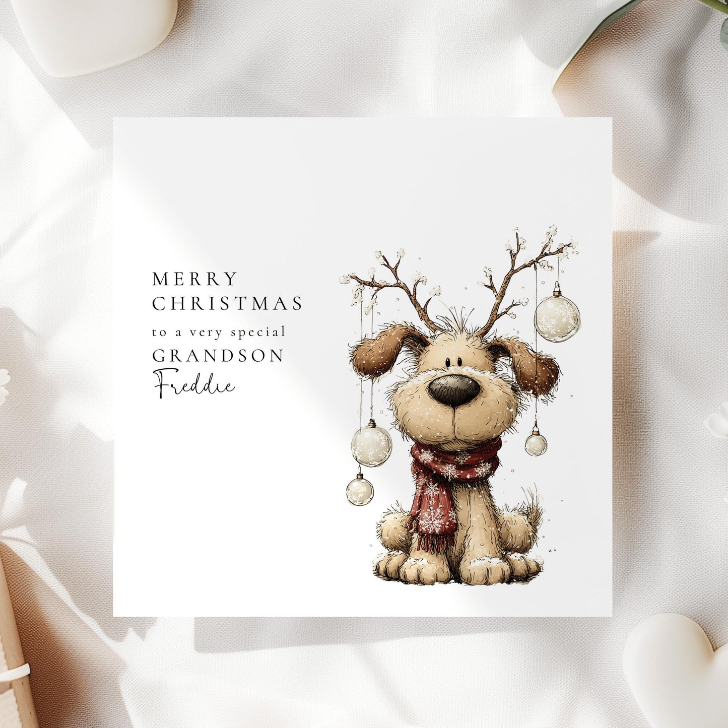 Personalised Grandson Christmas Card, Cute Dog Reindeer Card, Custom Name Xmas Card for Grandson, Kids Christmas Card