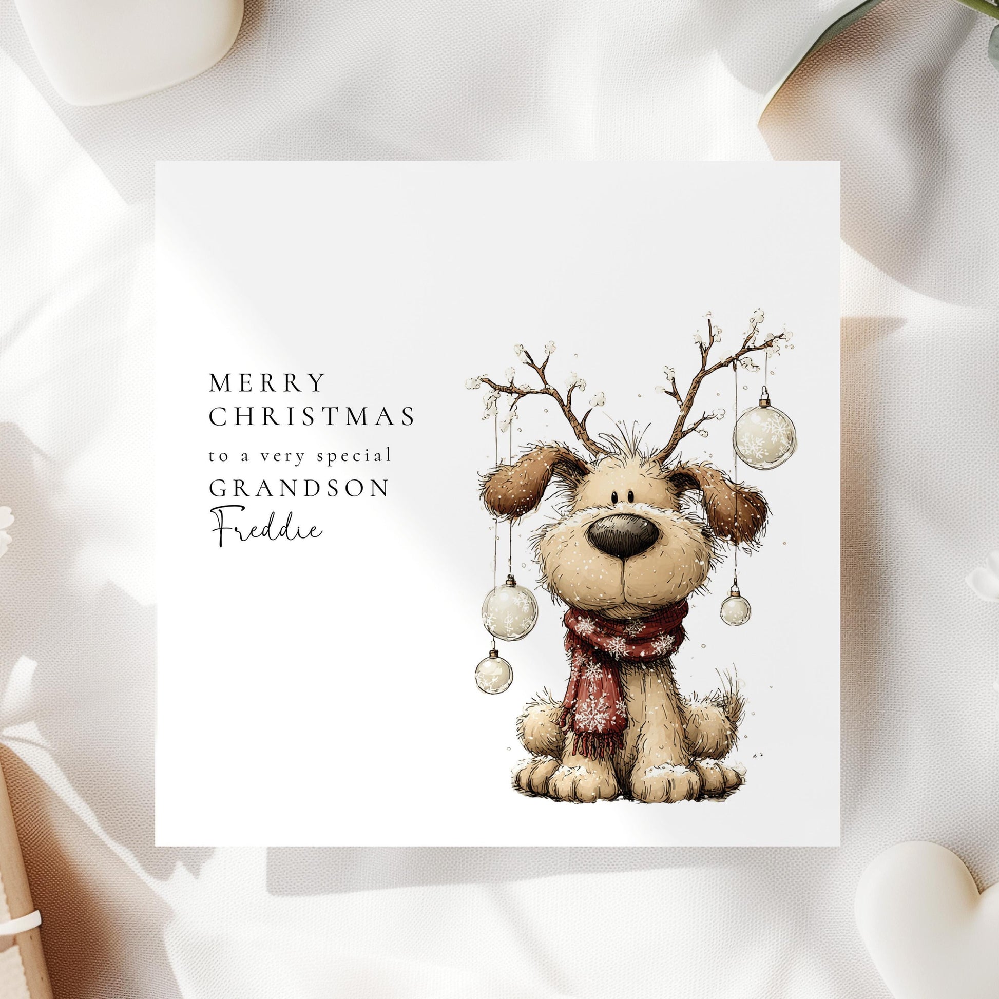 Personalised Grandson Christmas Card, Cute Dog Reindeer Card, Custom Name Xmas Card for Grandson, Kids Christmas Card