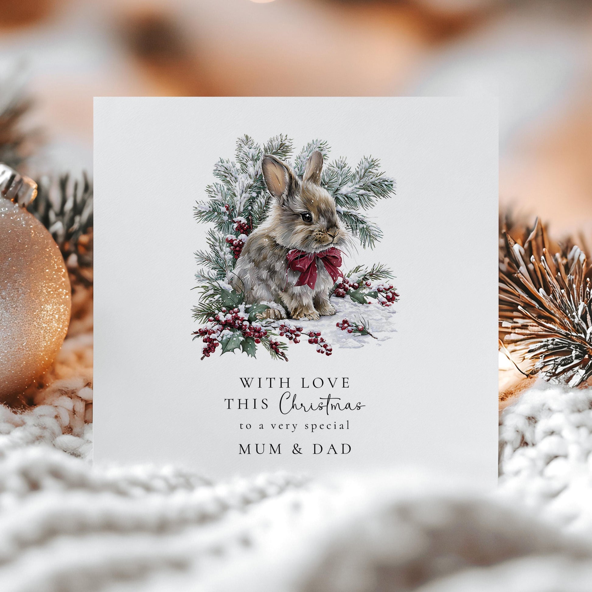 Christmas Card for Mum and Dad, Cute Bunny Christmas Card, Winter Rabbit Card, Parents Xmas Card, Special Mum Dad Christmas Greeting