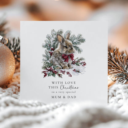 Christmas Card for Mum and Dad, Cute Bunny Christmas Card, Winter Rabbit Card, Parents Xmas Card, Special Mum Dad Christmas Greeting