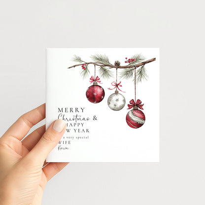 Christmas Wife Card, Personalised Merry Christmas Card for Wife, Custom Name Bauble Card, Festive Greeting Card for Her