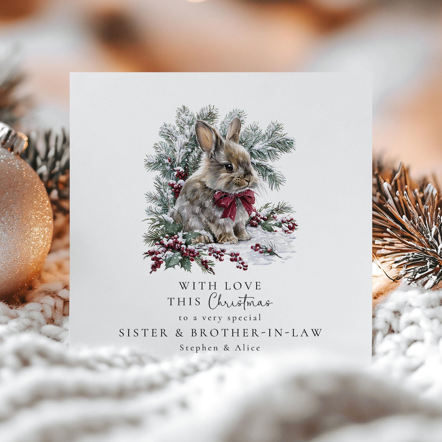 Christmas Card for Sister and Brother-in-Law, Personalised Bunny Christmas Card, Winter Rabbit Card, Family Xmas Card, In-Law Greeting