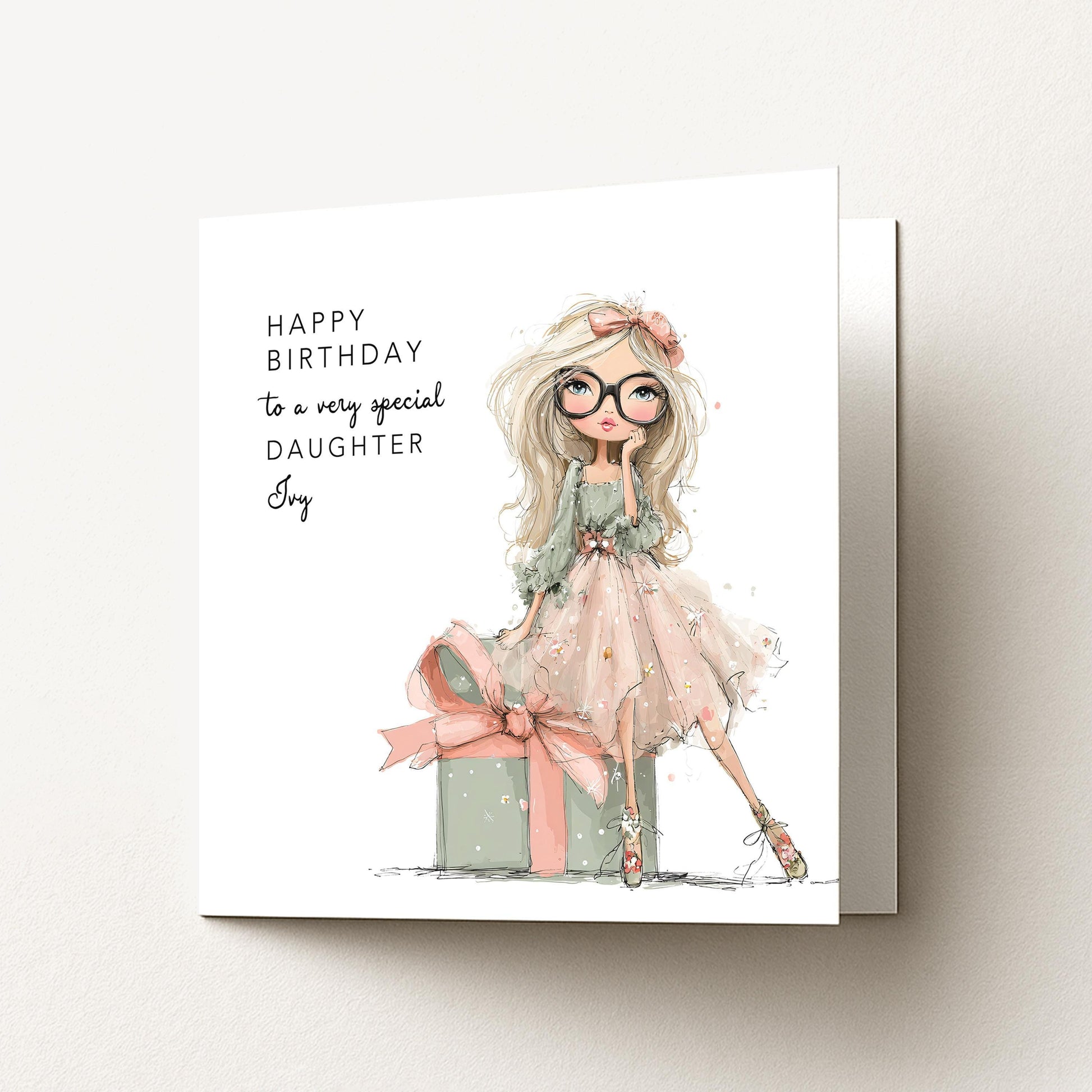Daughter Birthday Card, Personalised Birthday Card for Daughter, Cute Girl with Glasses Design, Custom Name Birthday Greeting