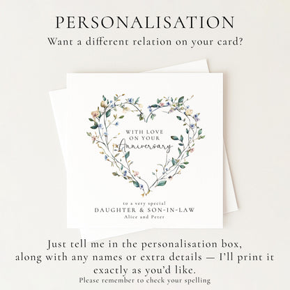Anniversary Card for Daughter and Son in Law, Personalised Anniversary Card, Floral Heart Anniversary Card
