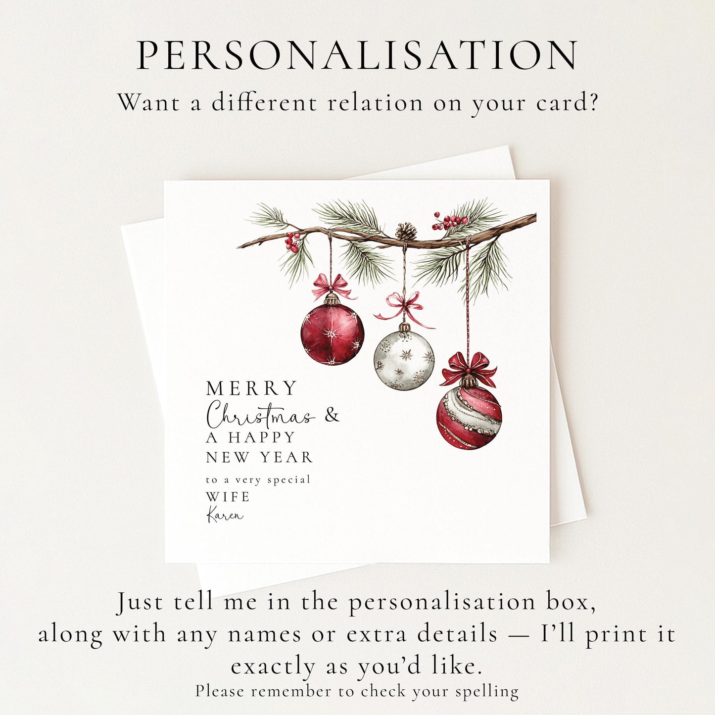 Christmas Wife Card, Personalised Merry Christmas Card for Wife, Custom Name Bauble Card, Festive Greeting Card for Her