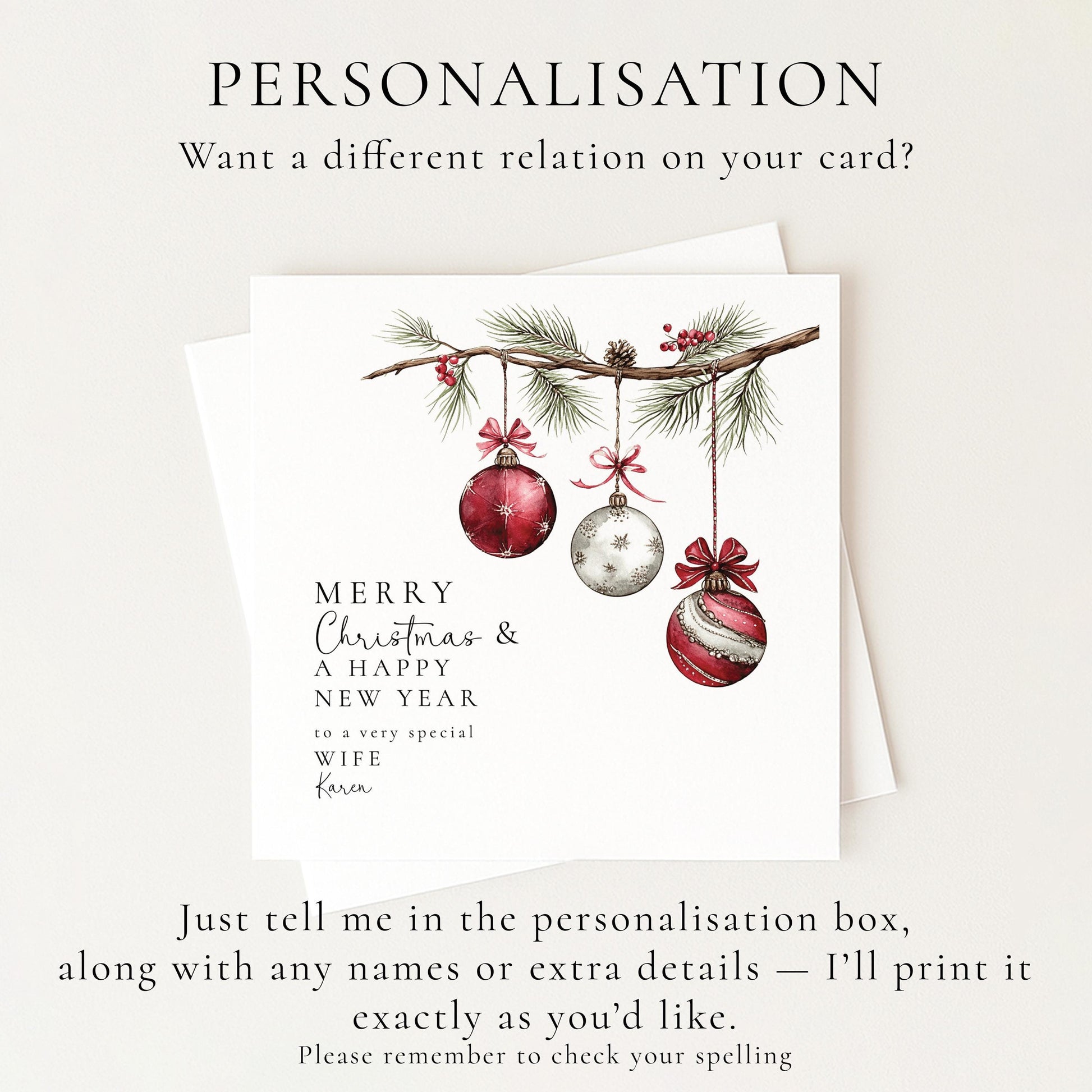 Christmas Wife Card, Personalised Merry Christmas Card for Wife, Custom Name Bauble Card, Festive Greeting Card for Her