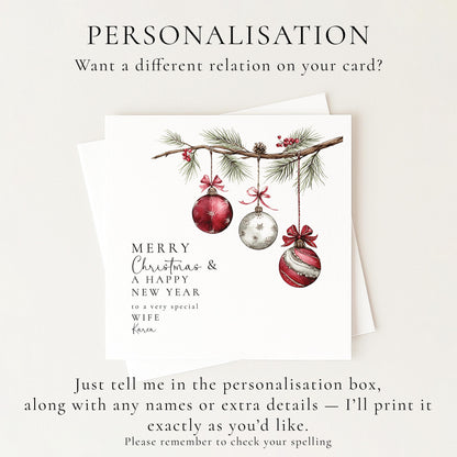Christmas Wife Card, Personalised Merry Christmas Card for Wife, Custom Name Bauble Card, Festive Greeting Card for Her