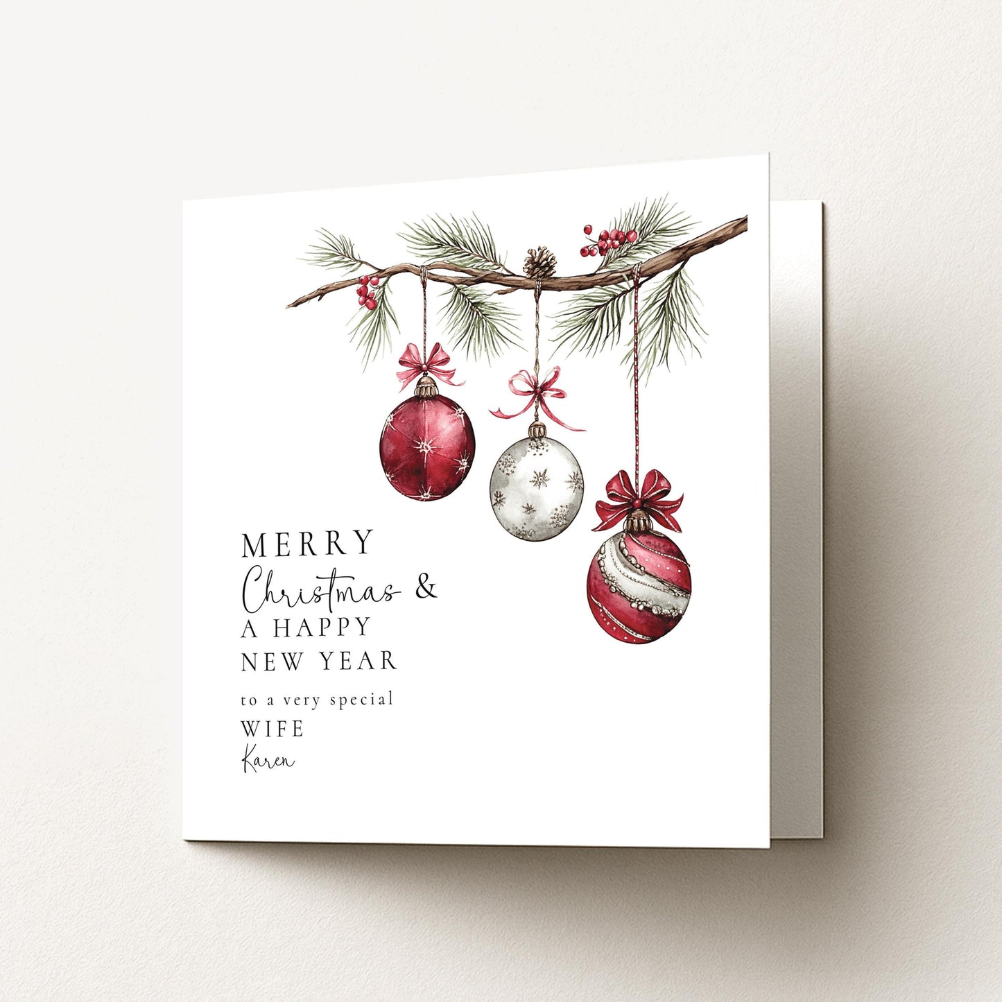 Christmas Wife Card, Personalised Merry Christmas Card for Wife, Custom Name Bauble Card, Festive Greeting Card for Her