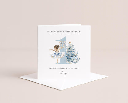 First Christmas Card for Daughter, Baby Girl 1st Christmas Card Brunette Ballerina Christmas Card Personalised Printed Card Age One Keepsake