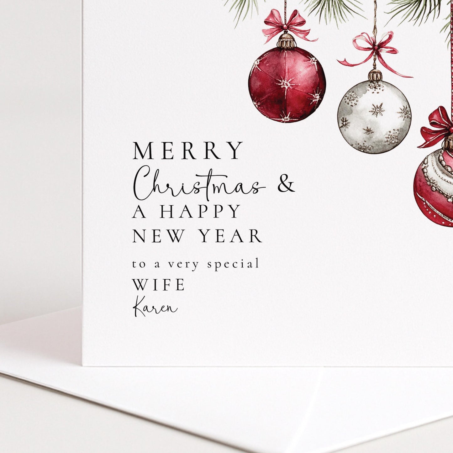 Christmas Wife Card, Personalised Merry Christmas Card for Wife, Custom Name Bauble Card, Festive Greeting Card for Her