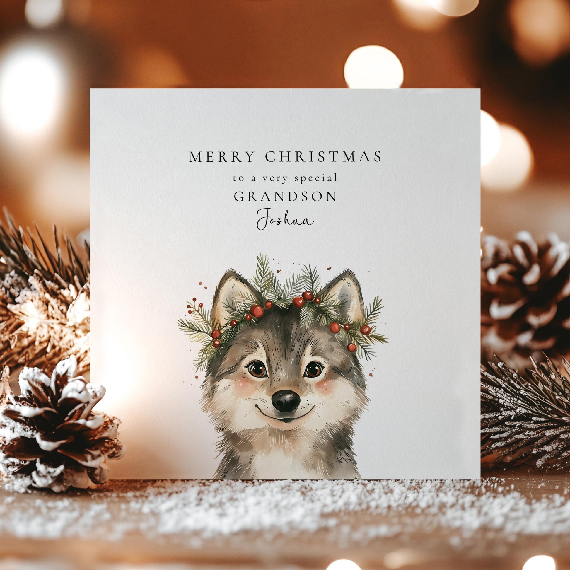 Grandson Christmas Card, Personalised Grandson Xmas Card, Cute Wolf Pup Card, Custom Name Christmas Card for Boys, Printed Card UK