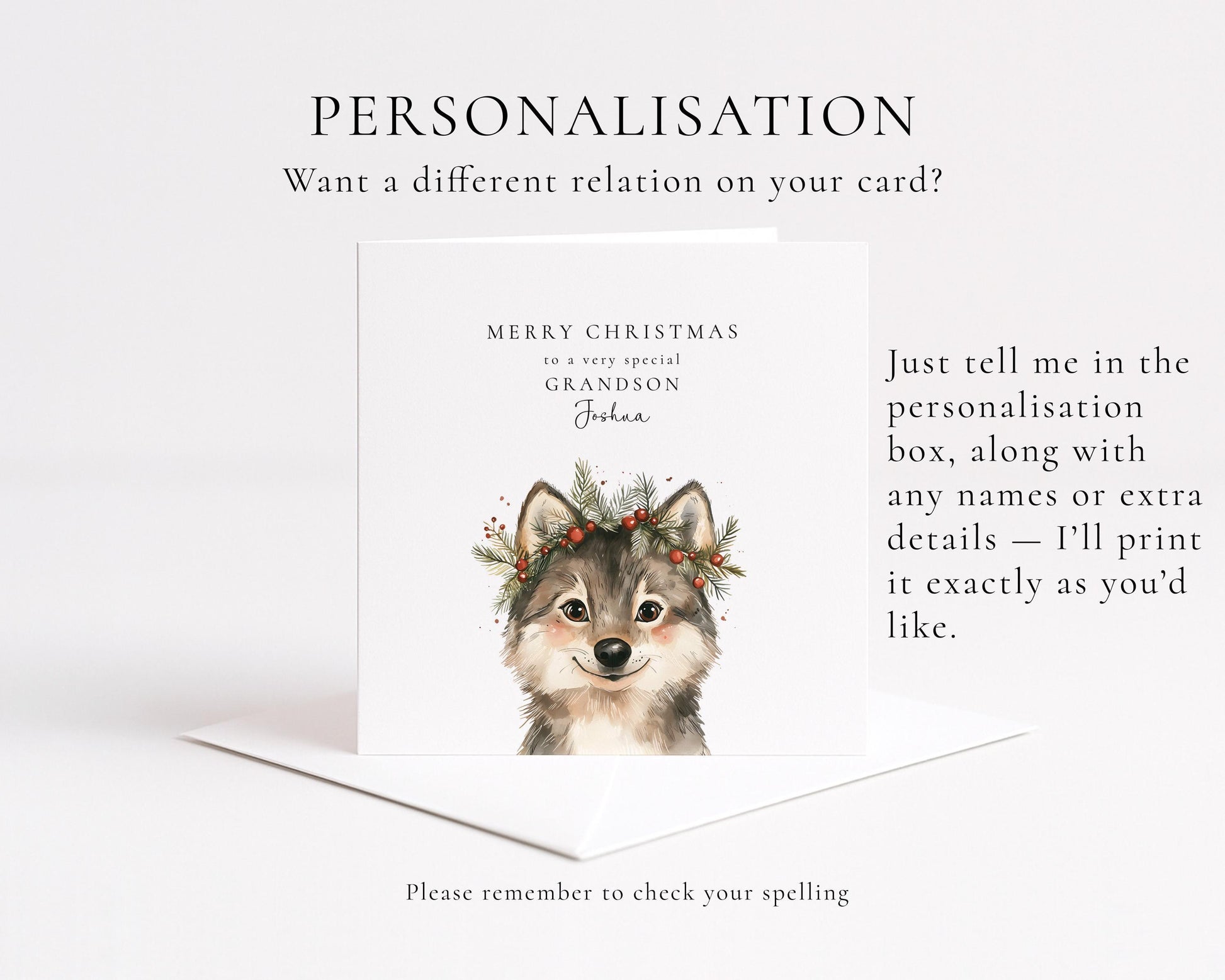 Grandson Christmas Card, Personalised Grandson Xmas Card, Cute Wolf Pup Card, Custom Name Christmas Card for Boys, Printed Card UK