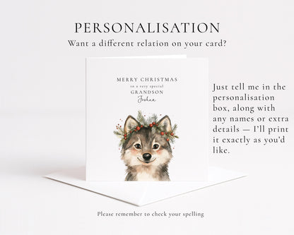 Grandson Christmas Card, Personalised Grandson Xmas Card, Cute Wolf Pup Card, Custom Name Christmas Card for Boys, Printed Card UK