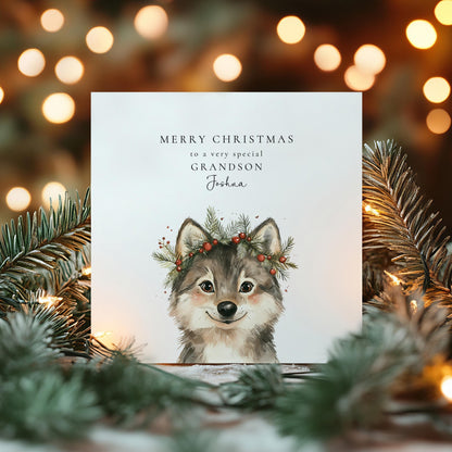 Grandson Christmas Card, Personalised Grandson Xmas Card, Cute Wolf Pup Card, Custom Name Christmas Card for Boys, Printed Card UK