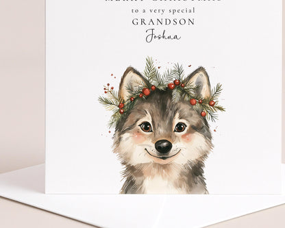 Grandson Christmas Card, Personalised Grandson Xmas Card, Cute Wolf Pup Card, Custom Name Christmas Card for Boys, Printed Card UK