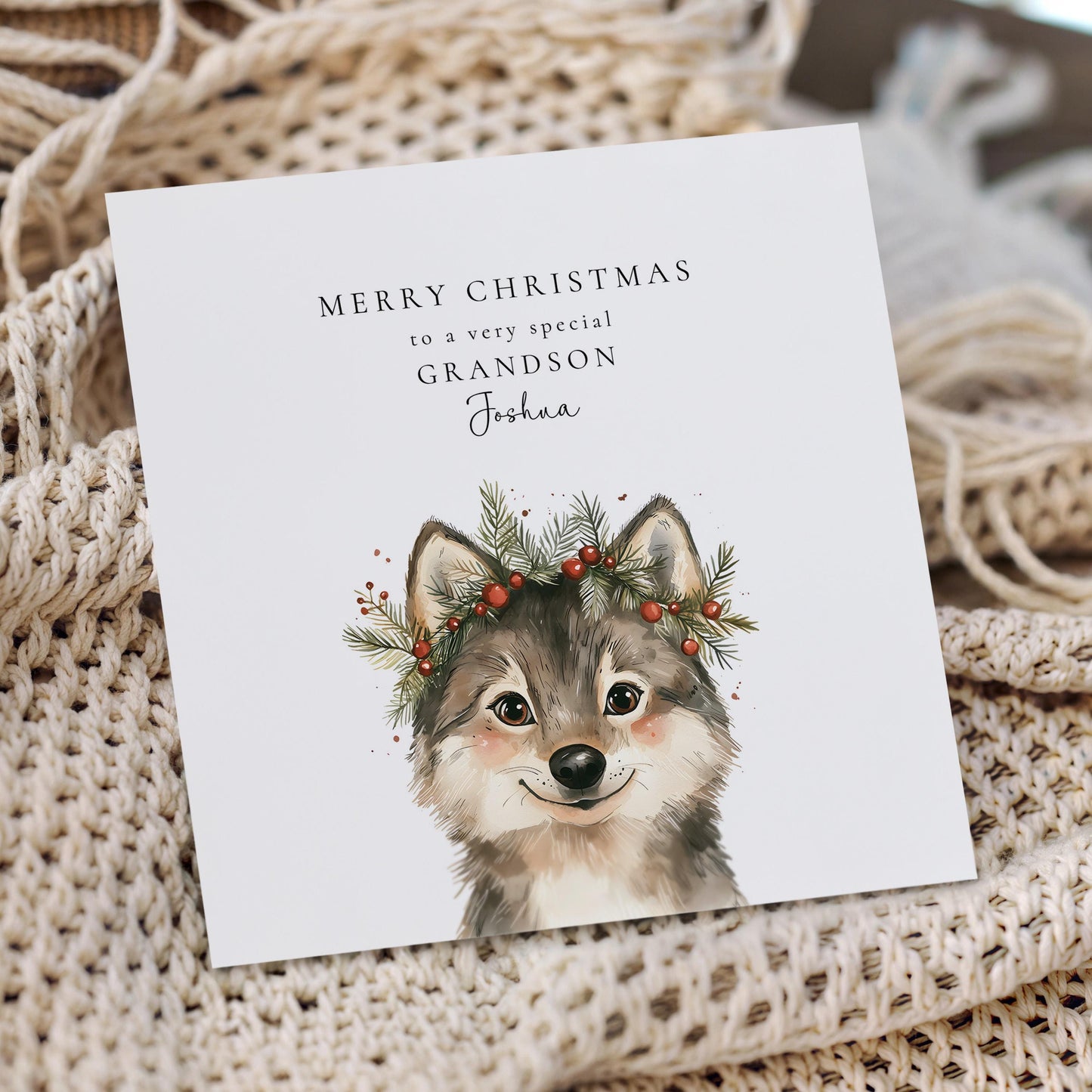 Grandson Christmas Card, Personalised Grandson Xmas Card, Cute Wolf Pup Card, Custom Name Christmas Card for Boys, Printed Card UK