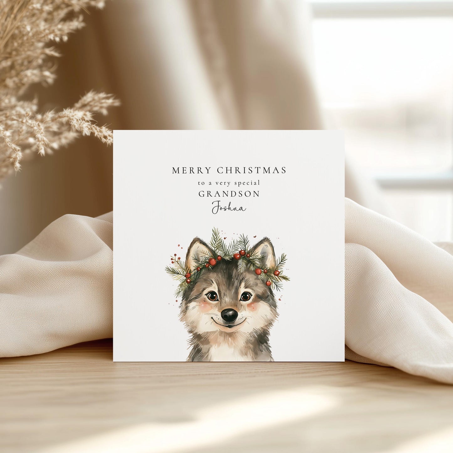 Grandson Christmas Card, Personalised Grandson Xmas Card, Cute Wolf Pup Card, Custom Name Christmas Card for Boys, Printed Card UK