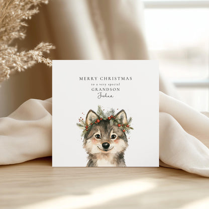 Grandson Christmas Card, Personalised Grandson Xmas Card, Cute Wolf Pup Card, Custom Name Christmas Card for Boys, Printed Card UK