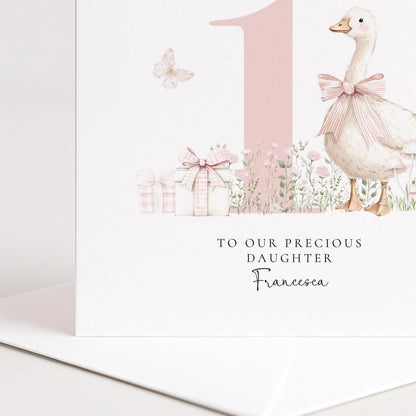 First Birthday Card Daughter, Personalised 1st Birthday Card with Goose Illustration, Square Card, Baby Girl Birthday Card