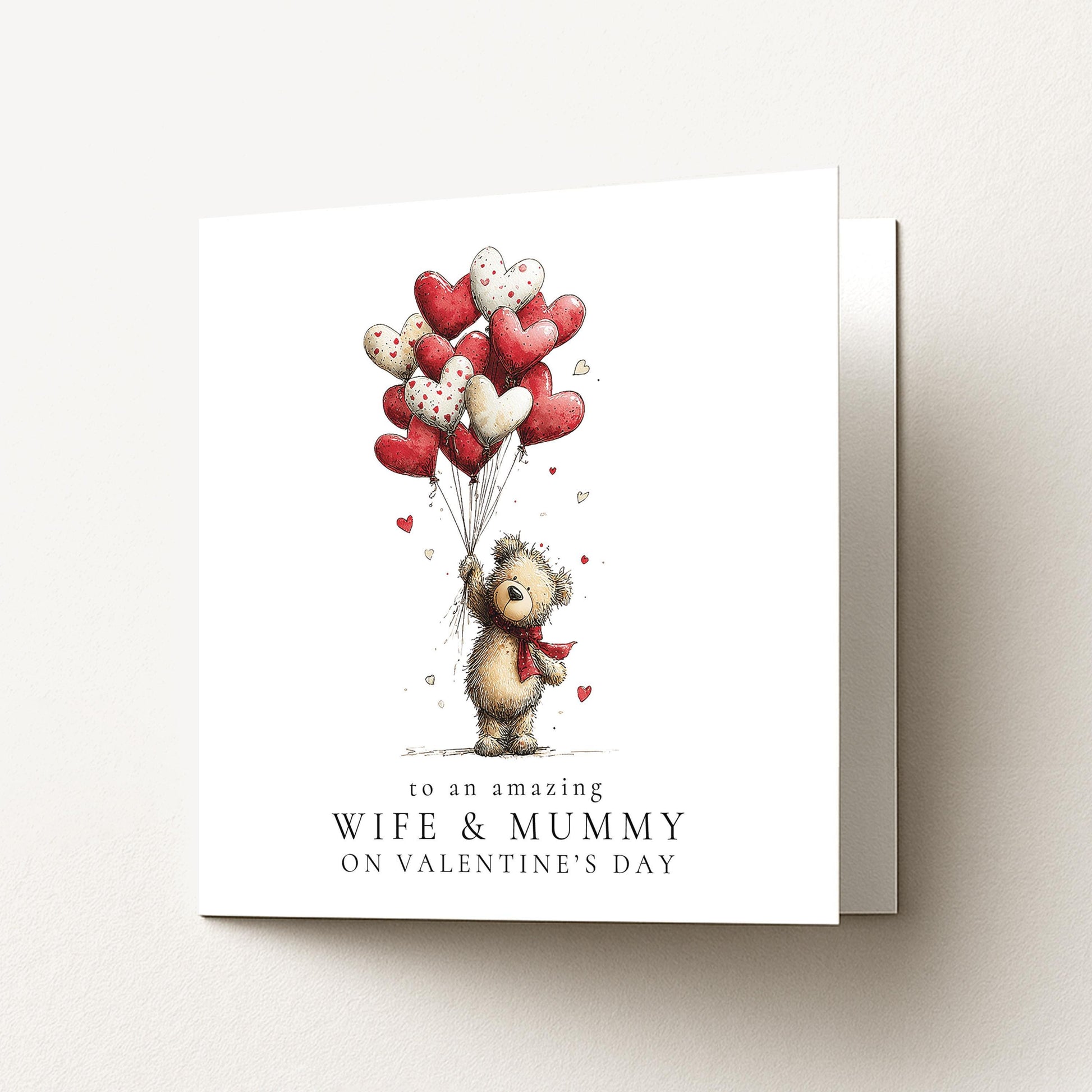 Valentines Wife Mummy Card, Cute Bear Valentine’s Day Card for Wife and Mum, Heart Balloon Personalised Valentine Card