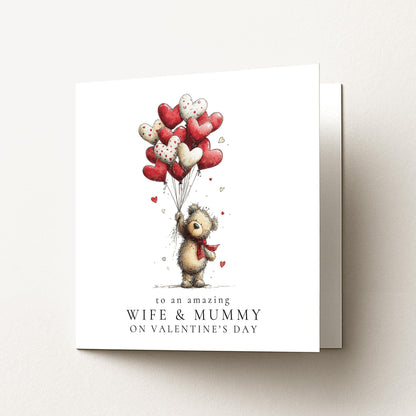 Valentines Wife Mummy Card, Cute Bear Valentine’s Day Card for Wife and Mum, Heart Balloon Personalised Valentine Card