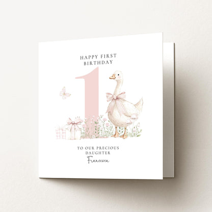 First Birthday Card Daughter, Personalised 1st Birthday Card with Goose Illustration, Square Card, Baby Girl Birthday Card