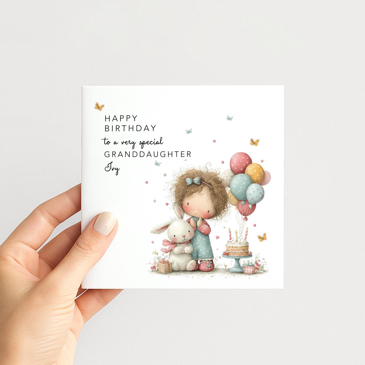 Granddaughter Birthday Card, Personalised Birthday Card for Granddaughter, Cute Girl & Bunny Design, Custom Name Birthday Greeting