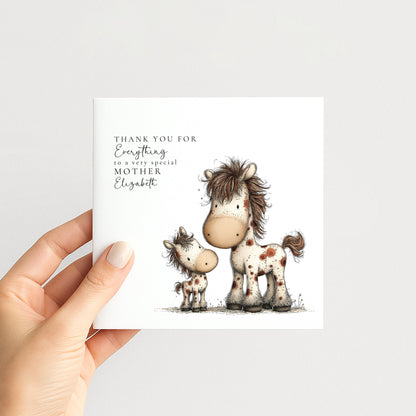 Mother’s Day Card – Personalised Thank You Mum Card With Horse Lover Gift