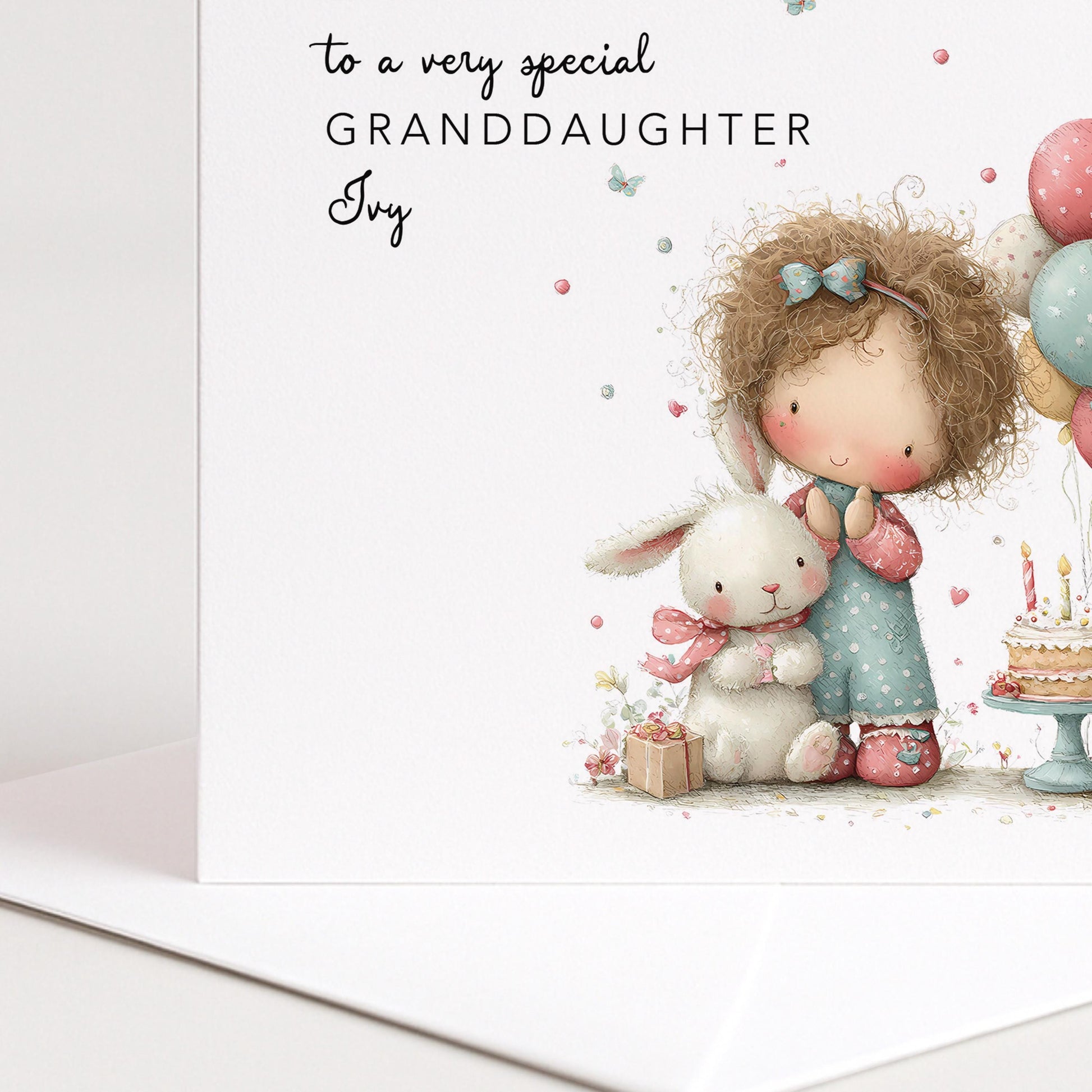Granddaughter Birthday Card, Personalised Birthday Card for Granddaughter, Cute Girl & Bunny Design, Custom Name Birthday Greeting