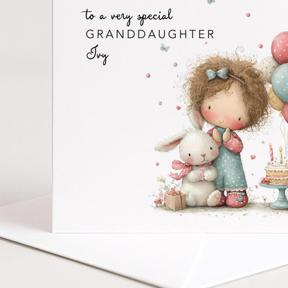 Granddaughter Birthday Card, Personalised Birthday Card for Granddaughter, Cute Girl & Bunny Design, Custom Name Birthday Greeting