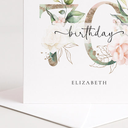 Personalised 70th Birthday Card, Floral Milestone Birthday Card, Custom Age & Name, Elegant Floral Number Card, Feminine Birthday Card