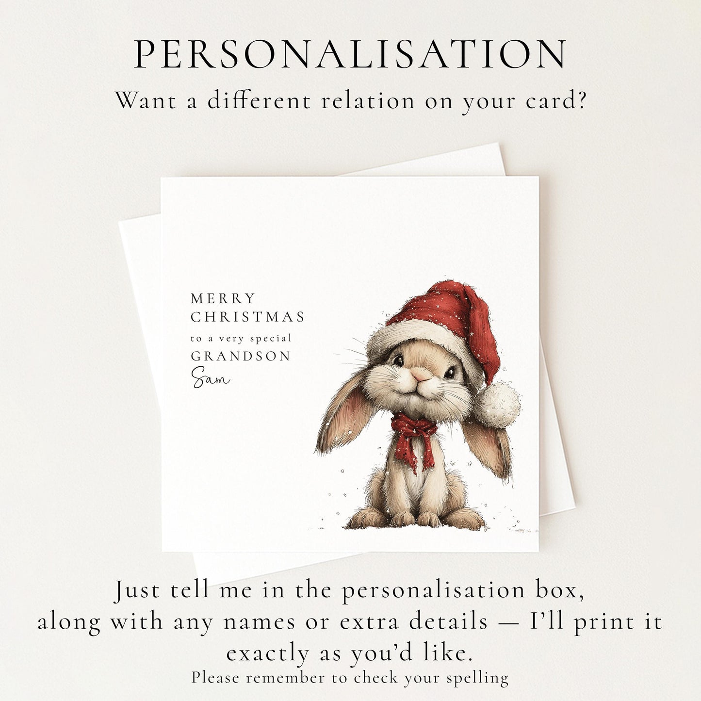 Grandson Christmas Card, Personalised Bunny Christmas Card, Cute Grandson Xmas Card, Name Printed Card for Grandson, Festive Kids Card