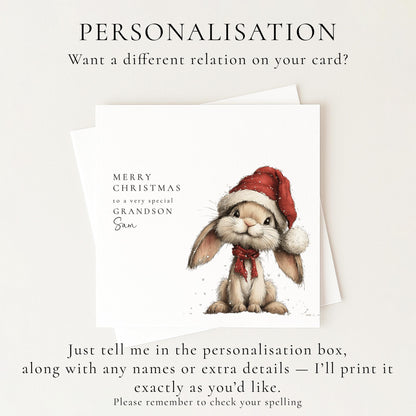 Grandson Christmas Card, Personalised Bunny Christmas Card, Cute Grandson Xmas Card, Name Printed Card for Grandson, Festive Kids Card
