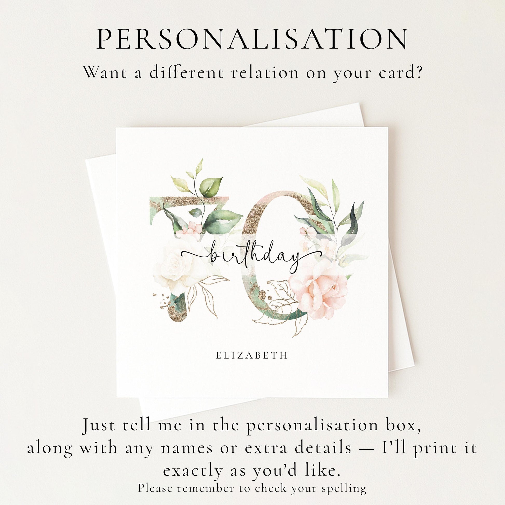 Personalised 70th Birthday Card, Floral Milestone Birthday Card, Custom Age & Name, Elegant Floral Number Card, Feminine Birthday Card