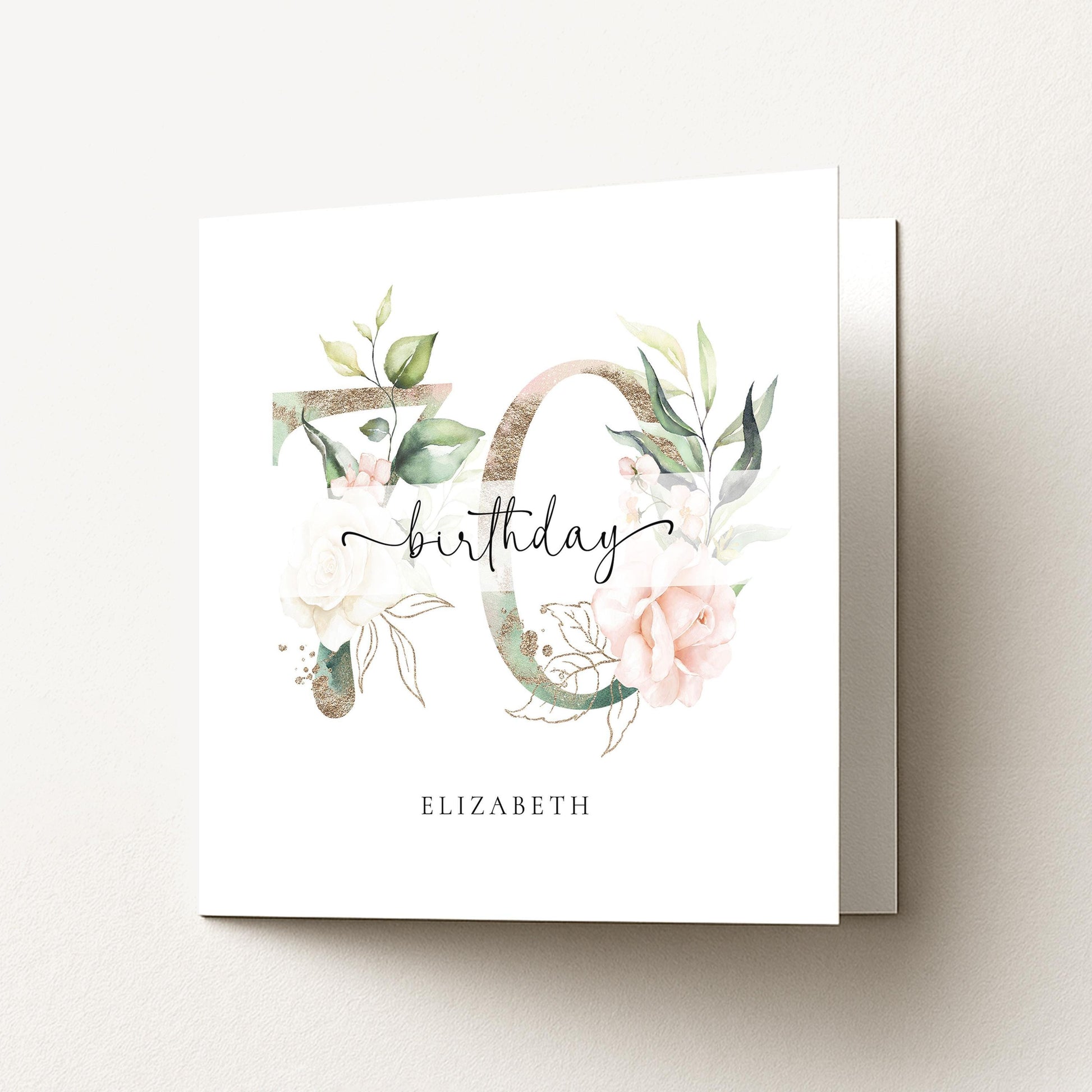 Personalised 70th Birthday Card, Floral Milestone Birthday Card, Custom Age & Name, Elegant Floral Number Card, Feminine Birthday Card