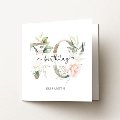 Personalised 70th Birthday Card, Floral Milestone Birthday Card, Custom Age & Name, Elegant Floral Number Card, Feminine Birthday Card
