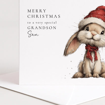 Grandson Christmas Card, Personalised Bunny Christmas Card, Cute Grandson Xmas Card, Name Printed Card for Grandson, Festive Kids Card
