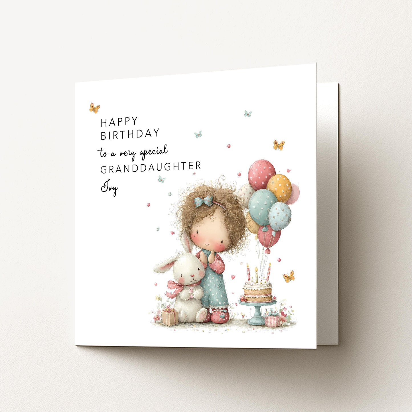Granddaughter Birthday Card, Personalised Birthday Card for Granddaughter, Cute Girl & Bunny Design, Custom Name Birthday Greeting