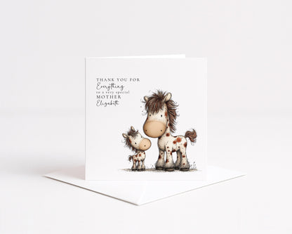 Mother’s Day Card – Personalised Thank You Mum Card With Horse Lover Gift