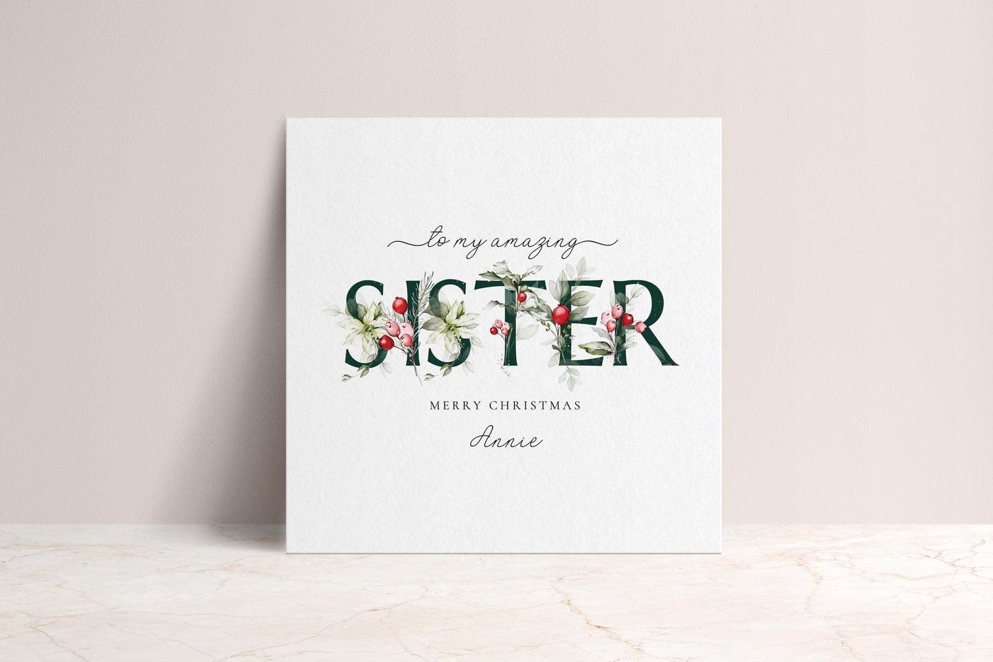 Sister Christmas Card, Floral Christmas Card for Sister, Elegant Xmas Card with Name, Personalised Holiday Greeting Card