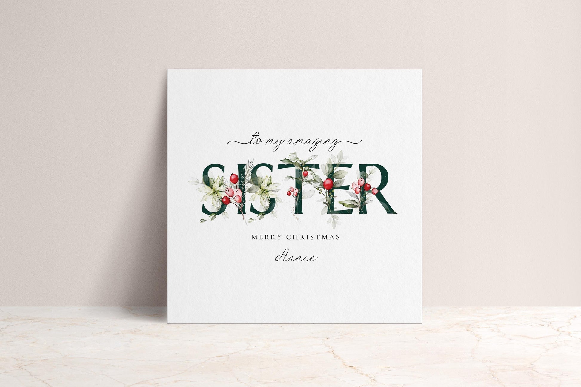 Sister Christmas Card, Floral Christmas Card for Sister, Elegant Xmas Card with Name, Personalised Holiday Greeting Card
