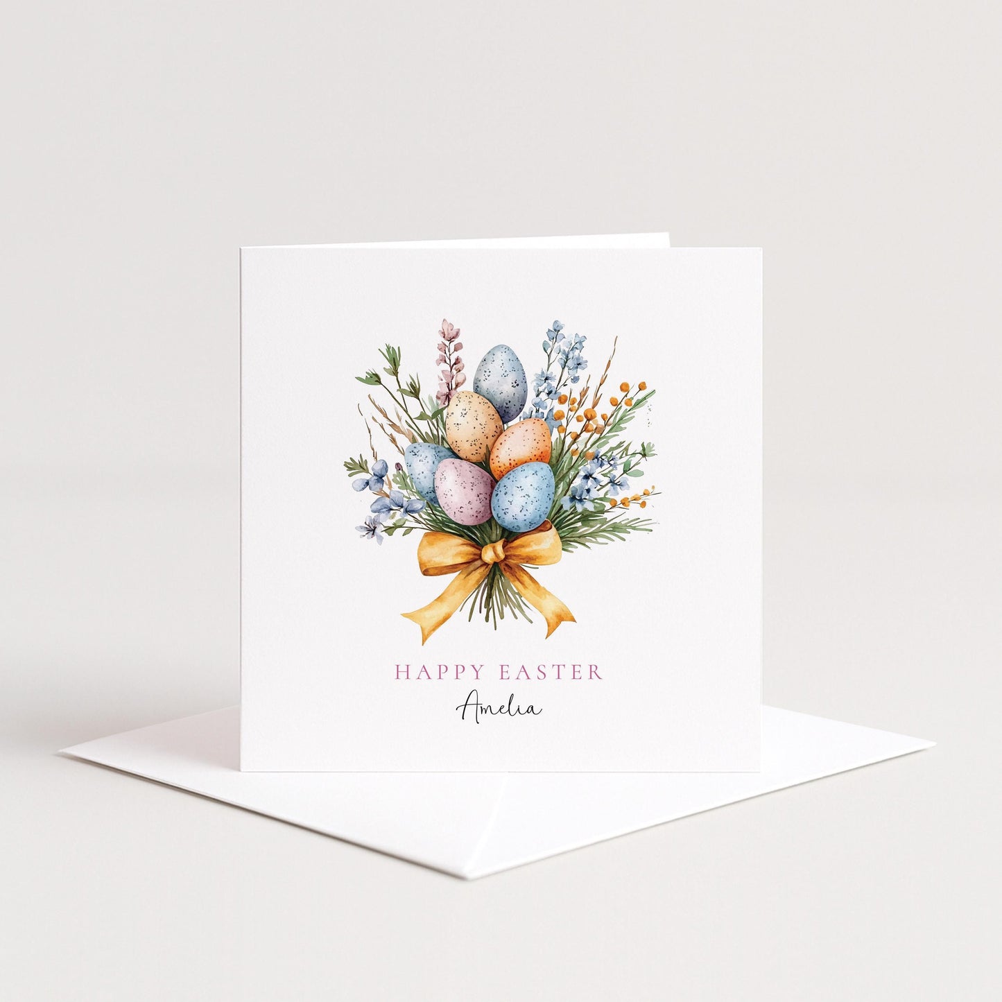 Easter Card, Personalised Easter Egg Bouquet Card, Floral Spring Easter Card, Custom Name Printed Card, Happy Easter Greeting Card