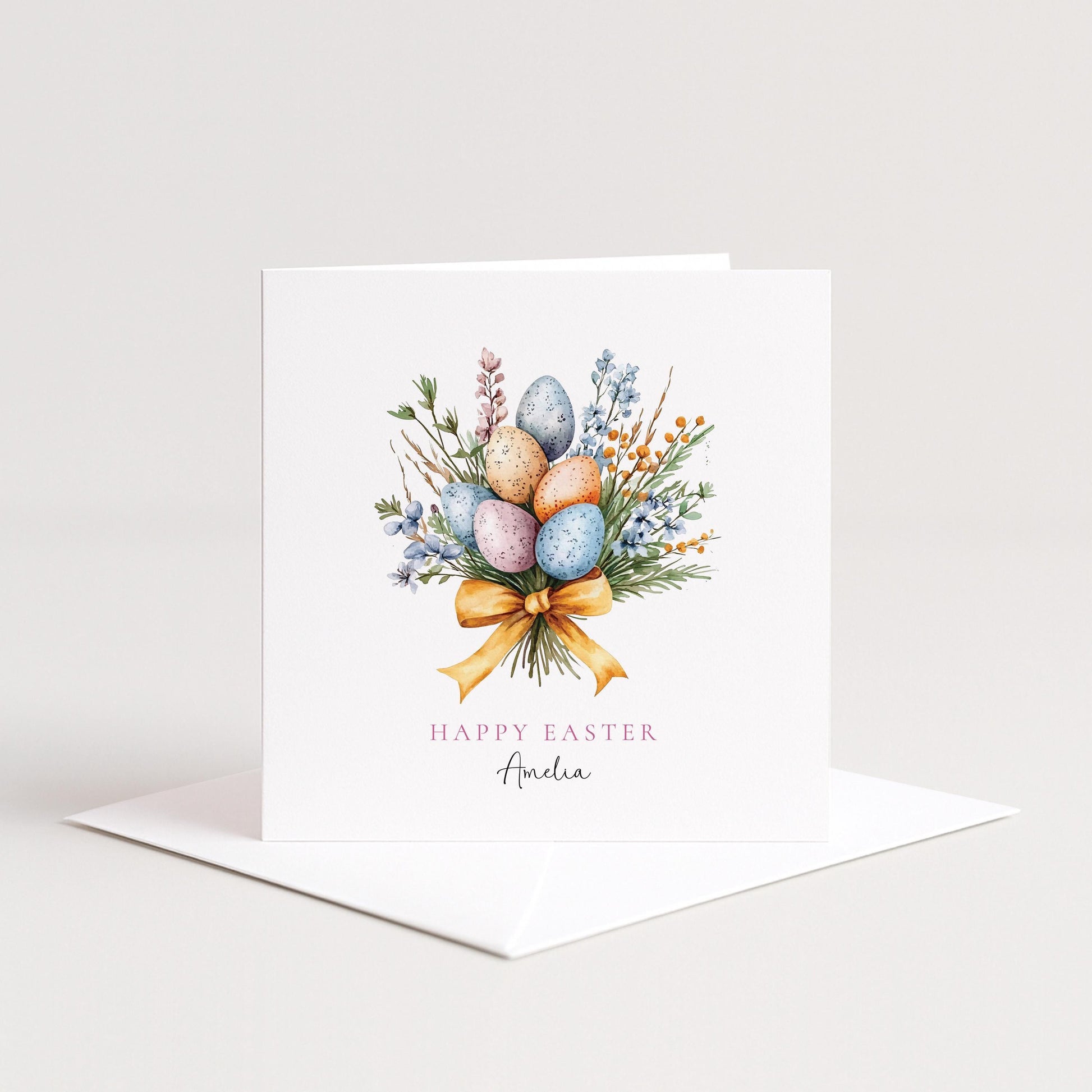 Easter Card, Personalised Easter Egg Bouquet Card, Floral Spring Easter Card, Custom Name Printed Card, Happy Easter Greeting Card