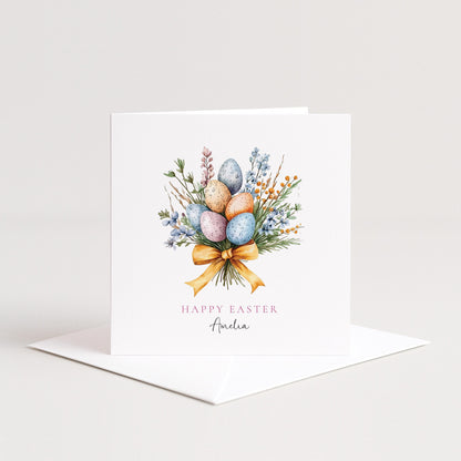 Easter Card, Personalised Easter Egg Bouquet Card, Floral Spring Easter Card, Custom Name Printed Card, Happy Easter Greeting Card