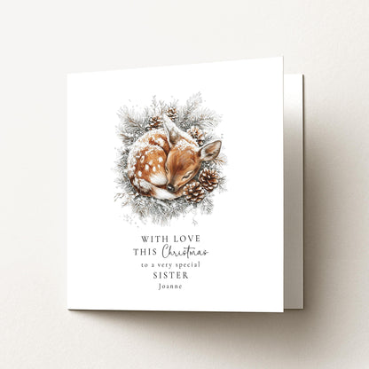Sister Christmas Card, Personalised Deer Xmas Card, Cute Winter Sister Card