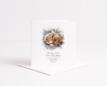Sister Christmas Card, Personalised Deer Xmas Card, Cute Winter Sister Card