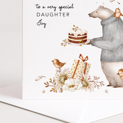 Daughter Birthday Card, Personalised Birthday Card for Daughter, Cute Bear & Birds Design, Custom Name Birthday Greeting