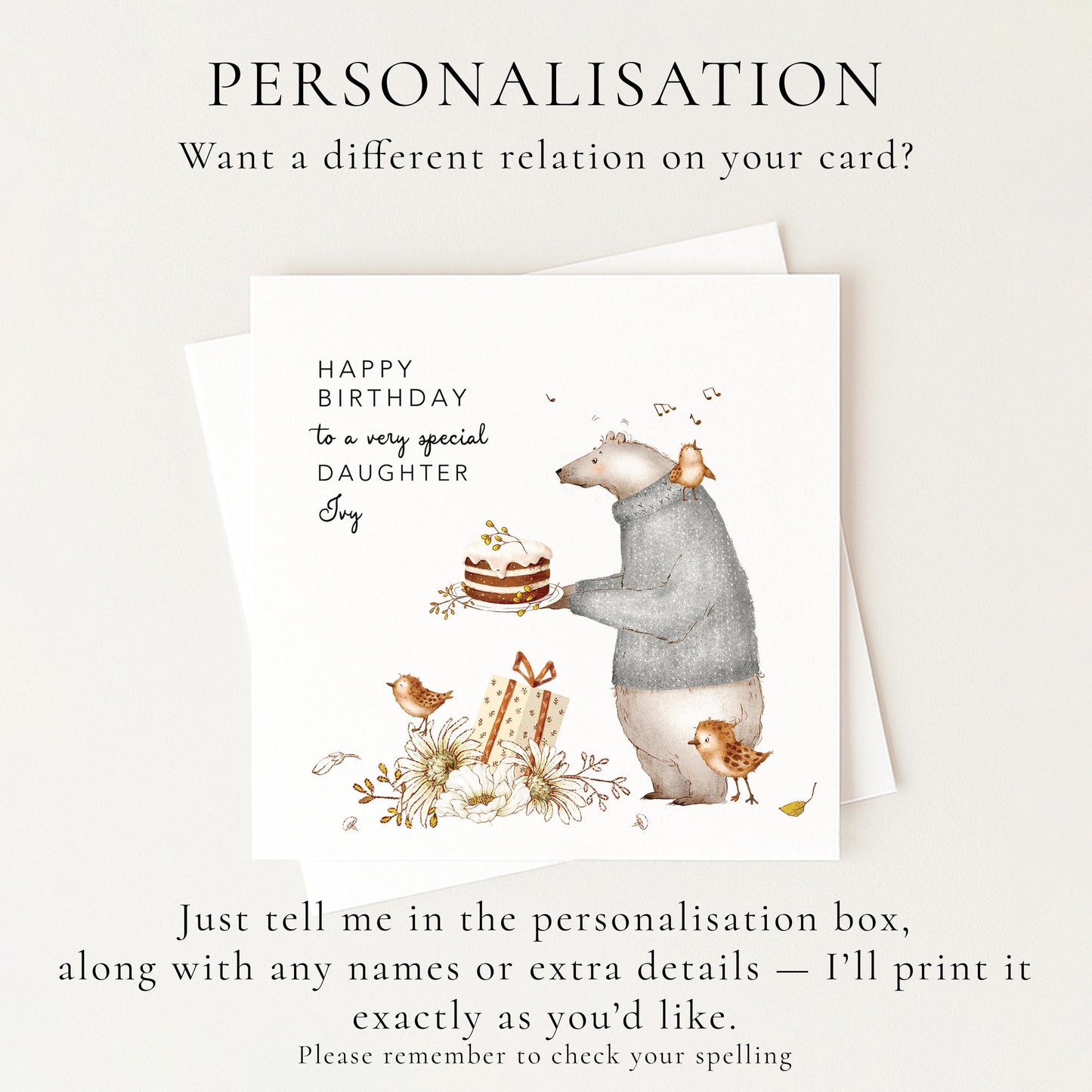Daughter Birthday Card, Personalised Birthday Card for Daughter, Cute Bear & Birds Design, Custom Name Birthday Greeting