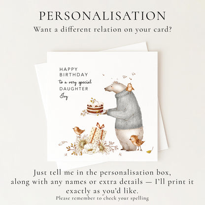 Daughter Birthday Card, Personalised Birthday Card for Daughter, Cute Bear & Birds Design, Custom Name Birthday Greeting